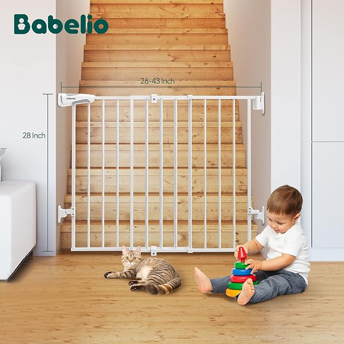 Babelio 26-43" No Bottom Bar Baby Gate for Babies, Elders and Pets, 2-in-1 Hardware Mount Dog Gate for The House, Stairs and Doorways, with Large Walk Thru Door, White-CubbioJoy
