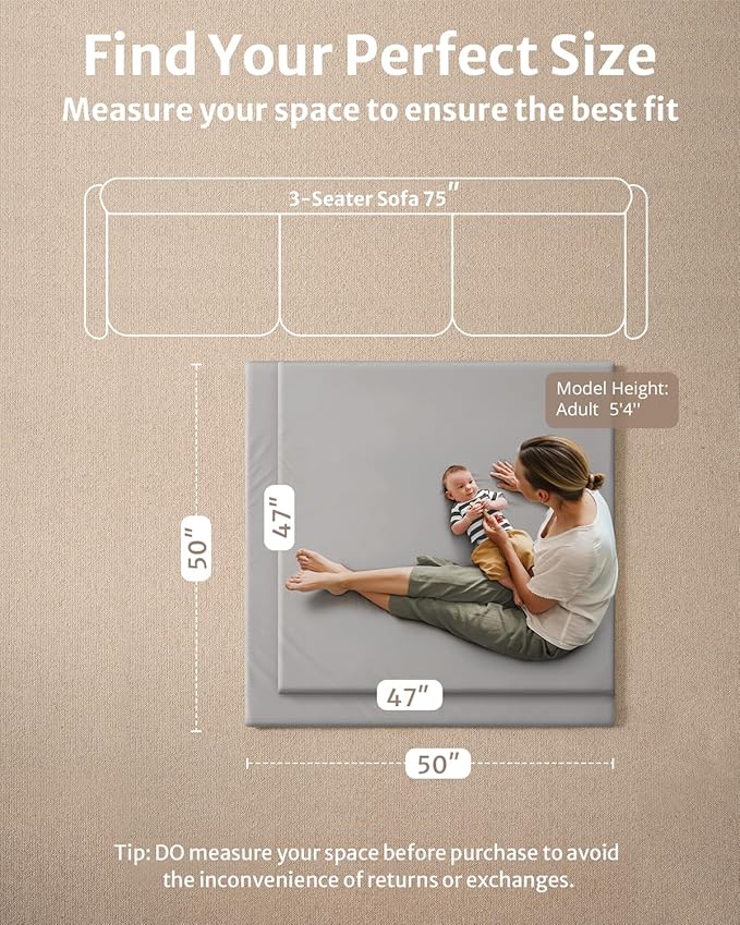 Blissful Diary Vegan Leather Baby Play Mat, 47x47 Thicken Foam Cushioned & Waterproof Playpen Mat for Infants and Toddlers, Stylish and Just Wipe-Clean Playmat for Baby Play on Floor, Light Gray-CubbioJoy