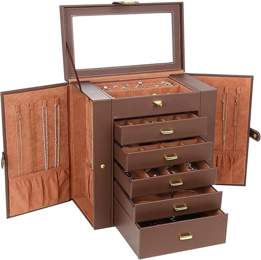 Kendal Extra Large Jewelry Box Jewelry Case PU Leather 6 Tier 5 Drawers Large Storage Capacity with Mirror Jewelry Storage Organizer Great Gift Also Good For Watches LJC-SHD5BN (Brown)-CubbioJoy