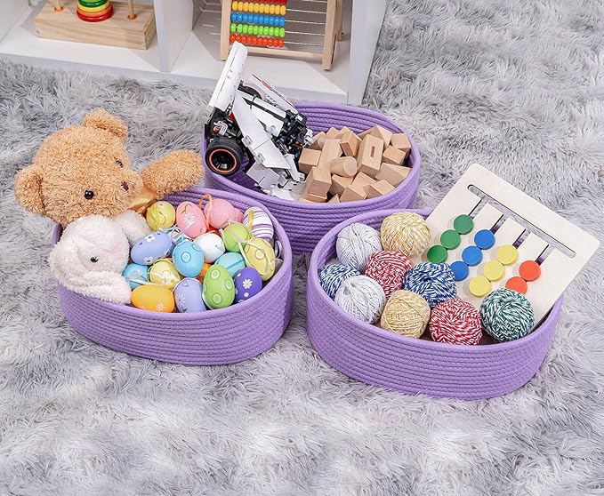 Baskets Bins for Shelf Storage Organizing/Cute Basket to Store and Organize Household Items/Woven Rope Basket for Living Room, Bedroom,Playroom,3 Packs Purple Basket-CubbioJoy