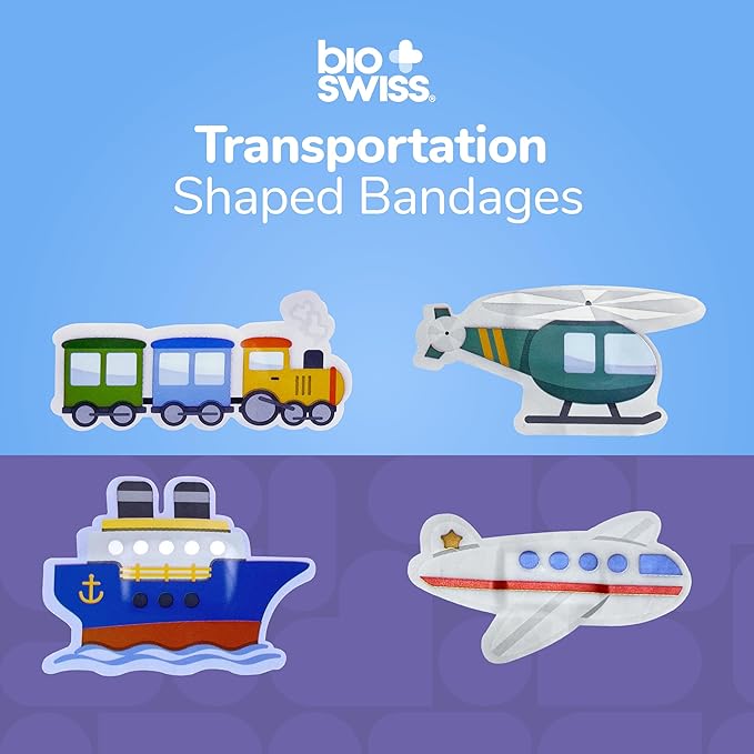 BioSwiss Bandages, Transportation Shaped Self Adhesive Bandage, Latex Free Sterile Wound Care, Fun First Aid Kit Supplies for Kids, 50 Count-CubbioJoy