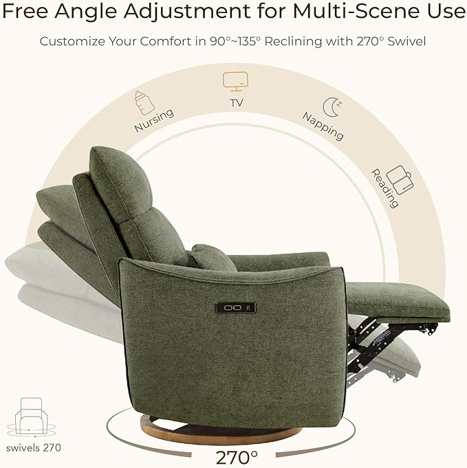 CHITA Swivel Rocker Recliner Chair, Power Nursery Glider Recliner, Nursery Rocking Chair with Adjustable Power Headrest, FSC Certified, Solid Wood Base, Moss Green-CubbioJoy