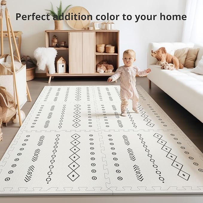Baby Foam Play Mat for Floor, PIGLOG 72x48 Baby Crawling Mat, Puzzle Mats for Kids for Baby with Interlocking Tiles, Toddler Play Mat for Indoor and Outdoor, Easy to Clean Playroom Mat, Lines + Shapes-CubbioJoy