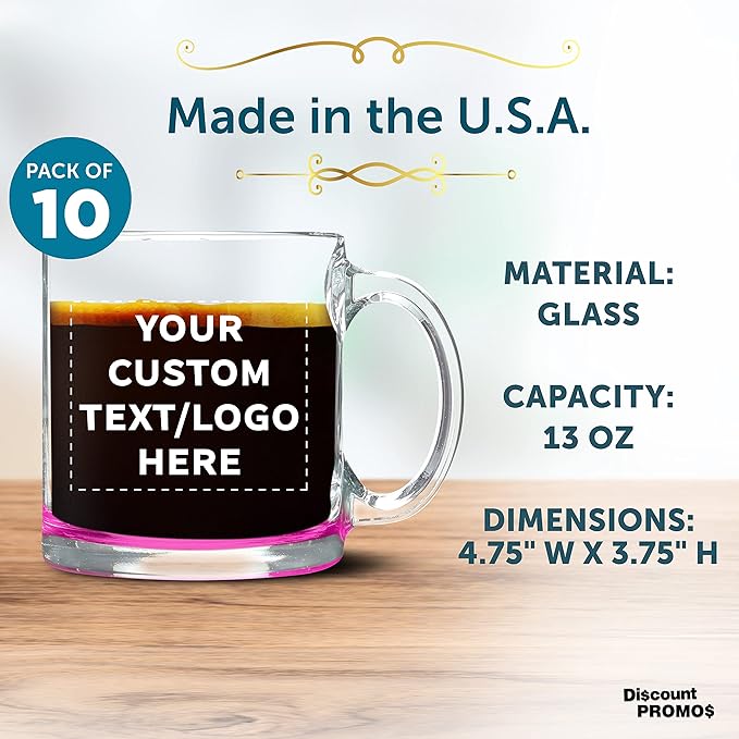 Custom Libbey Clear Glass Coffee Mugs 13 oz. Set of 10, Personalized Bulk Pack - Perfect for Coffee, Tea, Espresso, Hot Cocoa, Other Beverages - Pink Bottom-CubbioJoy