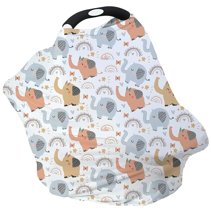 Breathable Car Seat Cover for Babies – Multi-Purpose Soft Rayon Nursing Cover for Breastfeeding, High Stretchy Infant Carseat Canopy, Stroller Cover (Smooth Rayon, Cute Elephant)-CubbioJoy