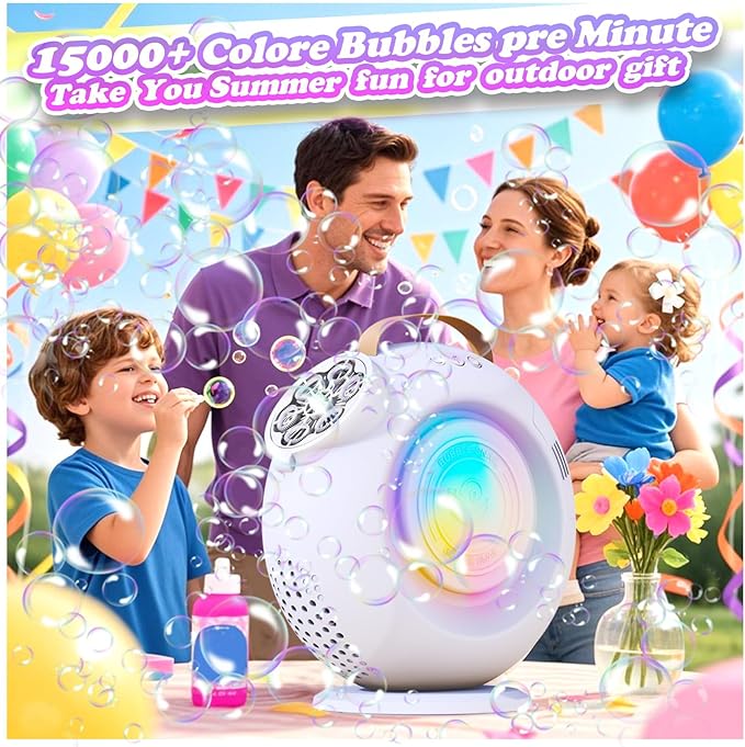 Bubble Machine, Automatic Bubble Maker Rechargeable, 15000+ Big Bubbles per Min, Colorful LED Lights, 90° 360° Rotatable Portable Electric Bubbles Toy for Kids Toddlers, Outdoor Wedding Party Gifts-CubbioJoy
