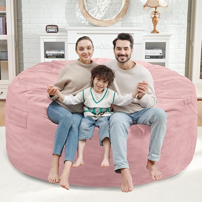 5FT Bean Bag Chair, Large Bean Bag Chairs with Memory Foam Filled, Fluffy Beanbag Sofa with Dutch Velvet Cover, Round BeanBag Chairs for Living Room, Playroom - Light Pink-CubbioJoy