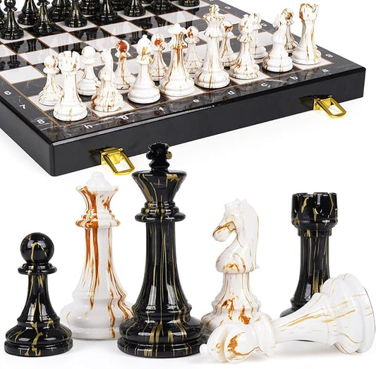 15" Large Chess Set for Adults with Weighted Acrylic Chess Pieces 3.5" King & Portable Folding Marbling Wooden Chess Board Travel Chess Sets Family Board Game Gift – Elegant Classic Chess Game-CubbioJoy