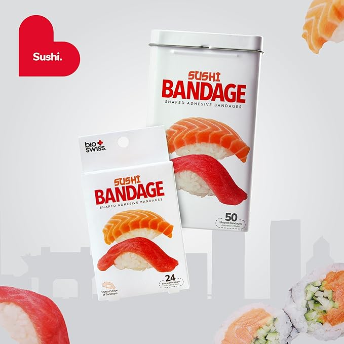 BioSwiss Bandages, Sushi Shaped Self Adhesive Bandage, Latex Free Sterile Wound Care, Fun First Aid Kit Supplies for Kids, 50 Count-CubbioJoy