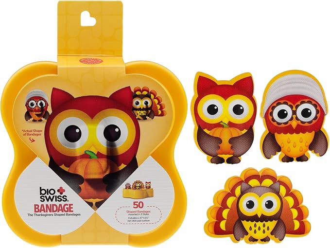 BioSwiss Bandages, Thanksgiving Shaped Self Adhesive Bandage, Latex Free Sterile Wound Care, Fun First Aid Kit Supplies for Kids and Adults, 50 Count-CubbioJoy