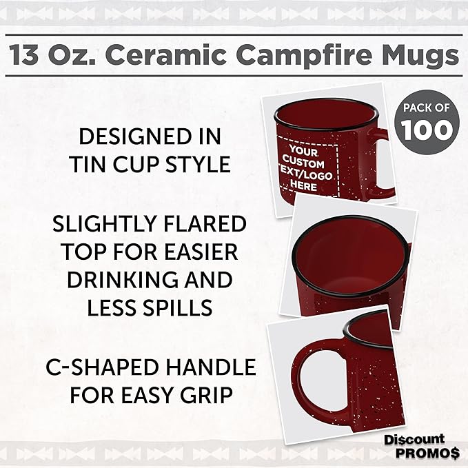 DISCOUNT PROMOS Custom Ceramic Campfire Coffee Mugs 13 oz. Set of 100, Personalized Bulk Pack - Perfect for Tea, Espresso, Cappuccino, Hot Cocoa - Maroon-CubbioJoy