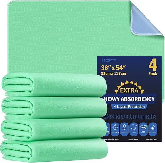 4 Pack 36” x 54” Extra Heavy Absorbency Washable Underpads, Waterproof Nursing Pads Incontinence Bed Pads, Reusable Washable Pee Pads for Dogs, Diaper Changing & Adults, Mattress Protector-CubbioJoy