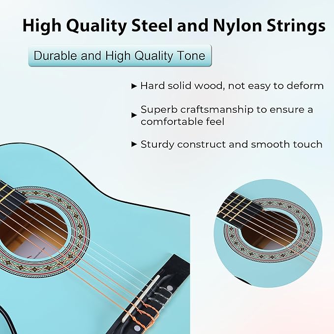 ADM Beginner Acoustic Classical Guitar 36 Inch Nylon Strings Wooden Guitar Bundle Kit for Kid Boy Girl Student Youth Guitarra Online Lessons with Gig Bag, Strap, Tuner, Strings, Picks, Socal Green-CubbioJoy
