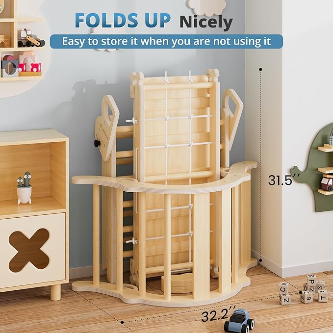 BlueWood 10-in-1 Pikler Triangle Set, Toddler Climbing Toys Indoor, Montessori Climber, Baby Jungle Gyms with Arch, Extra Rope Ladder & Footprint Balance Beam - Natural Rustic-CubbioJoy