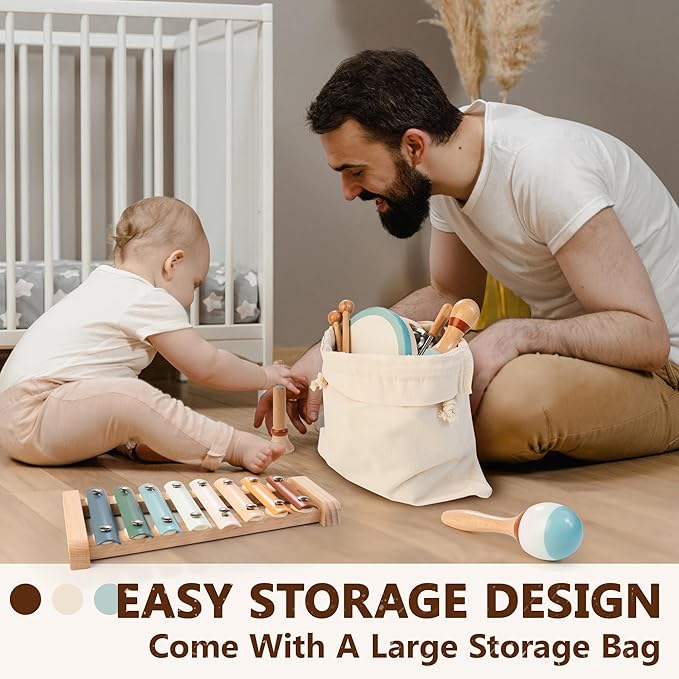 Baby Musical Instruments | Montessori Wooden Toys for Toddlers, Neutral Color Percussion Instruments Set with Modern Boho Xylophone Tambourine, Educational Musical Toys for Boys Girls 3+-CubbioJoy