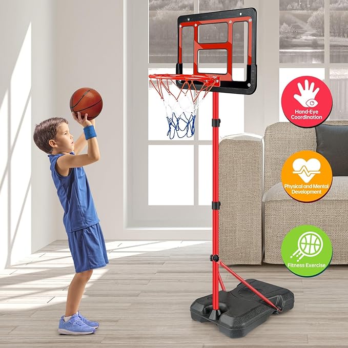 Boys Toy Gifts for 3 4 5 6 7 8 Years Old, Kids Basketball Hoop Adjustable Height 3.5FT-6.2FT, Mini Basketball Hoop for Kid Boys, Basketball Goal Toys Outdoor Indoor Game Gifts for Boys, Red-CubbioJoy