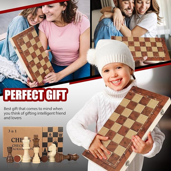 Chess Checkers Backgammon 3-in-1 Board Games Sets, Wooden Chess Set for Adults & Kids, 17.2" Lightweight Checkers Board Game,Strategy Backgammon Sets for Adults, Travel Chess Board Game Pieces Storage-CubbioJoy