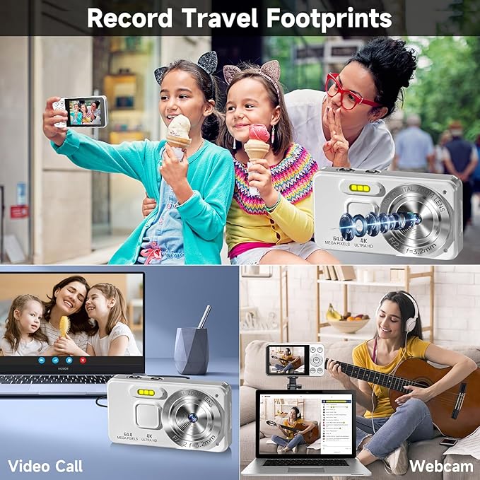 Digital Camera, Autofocus 4K 64MP Point and Shoot Digital Cameras for Teens with 64GB Card, 18X Zoom Anti-Shake Compact Video Camera for Student Kids Boys Girls Beginner - White-CubbioJoy