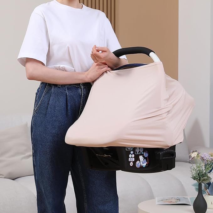 Breathable Car Seat Cover for Babies – Multi-Purpose Soft Rayon Nursing Cover for Breastfeeding, High Stretchy Infant Carseat Canopy, Stroller Cover (Smooth Rayon, Warm Natural)-CubbioJoy