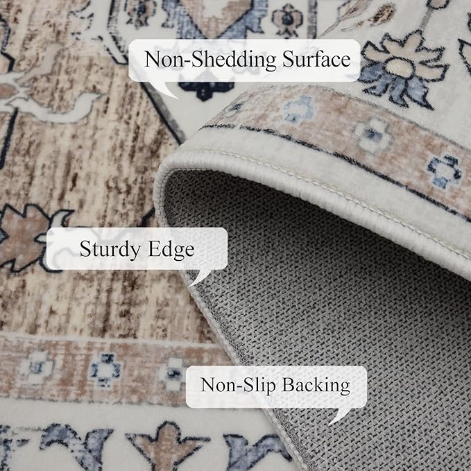 4x6 Washable Area Rug for Living Room, Carpet for Bedroom, Soft Faux Wool Retro Dining Room Rug, Non Slip&Non-Shedding Resistant Low Pile Vintage Print Rug for Home Office (Taupe/Blue)-CubbioJoy