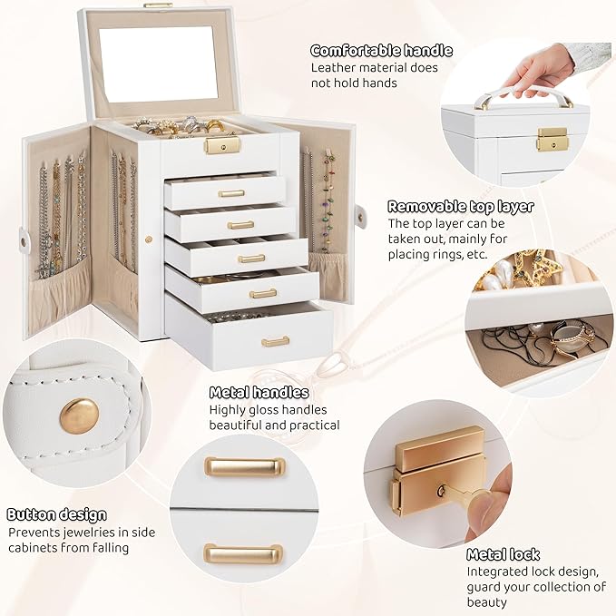 AKOZLIN 6-Tier Jewelry Box Lockable Leather Jewelry Storage Case with 5 Drawers for Women Girls Ring Necklace Earring Bracelet Holder Organizer with Mirror-CubbioJoy