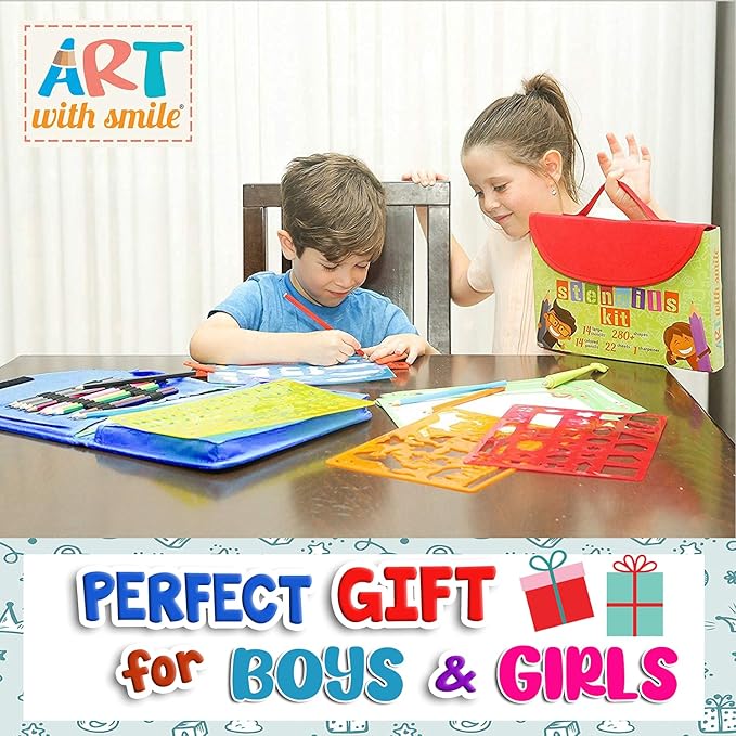 Drawing Stencils for Kids Kit & Carry Case – – Child-Safe, Non-Toxic Stencil Set with 300 Shapes, Colored Pencils, Paper, Etc. – Birthday Gifts & Travel Art Supplies for Creativity, Learning and Fun-CubbioJoy