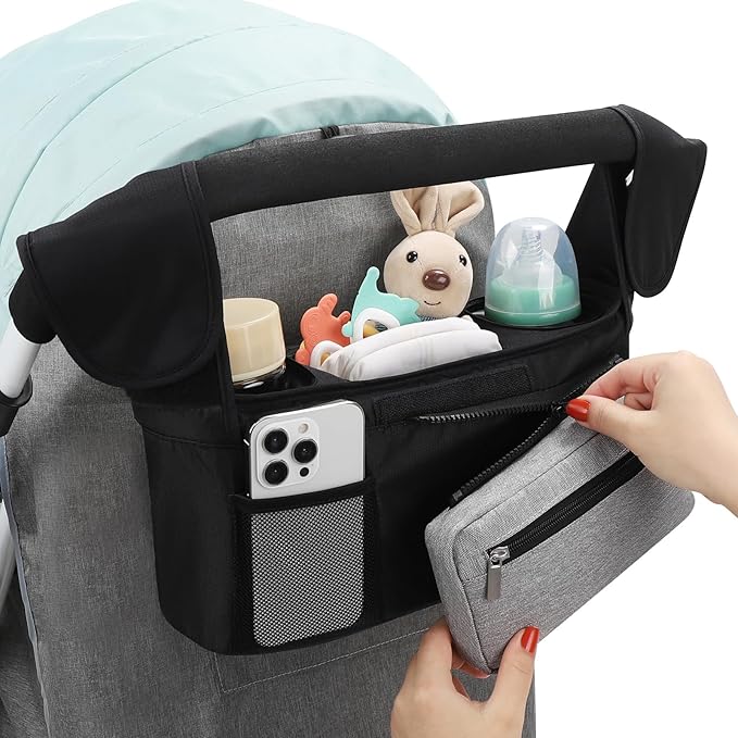 Accmor Universal Stroller Organizer with Insulated Cup Holder Detachable Phone Bag and Shoulder Strap,Stroller Bag Caddy Organizer Fits for Uppababy, Baby Jogger, Britax Strollers-CubbioJoy