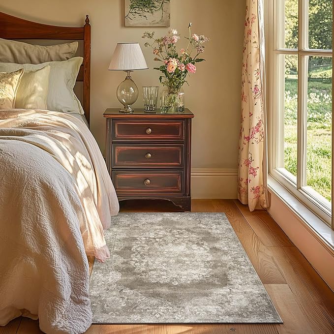 jinchan Washable Area Rug 3x5 Entryway - Soft Distressed Vintage Floral Indoor Bedroom Rug Faux Wool Low Pile Small Oriental Accent Carpet for Kitchen,Entrance,Bedside,Dining Room(Brown,3'x5')-CubbioJoy