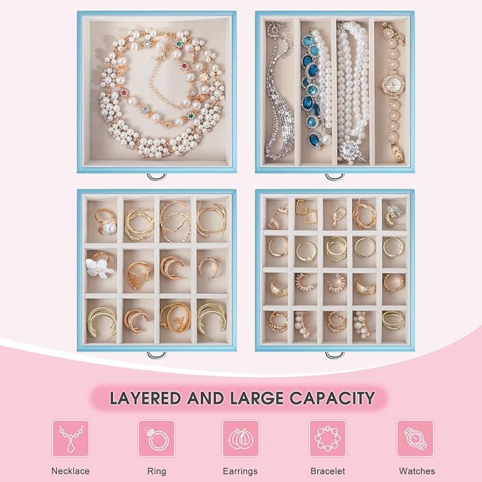 5-Layer Jewelry Box with 4 Drawers, Huge Portable Jewelry Organizer with Lock and Mirror for Women, for Necklace Ring Earring Bracelet Storage, Lockable Jewelry Case, Blue-CubbioJoy