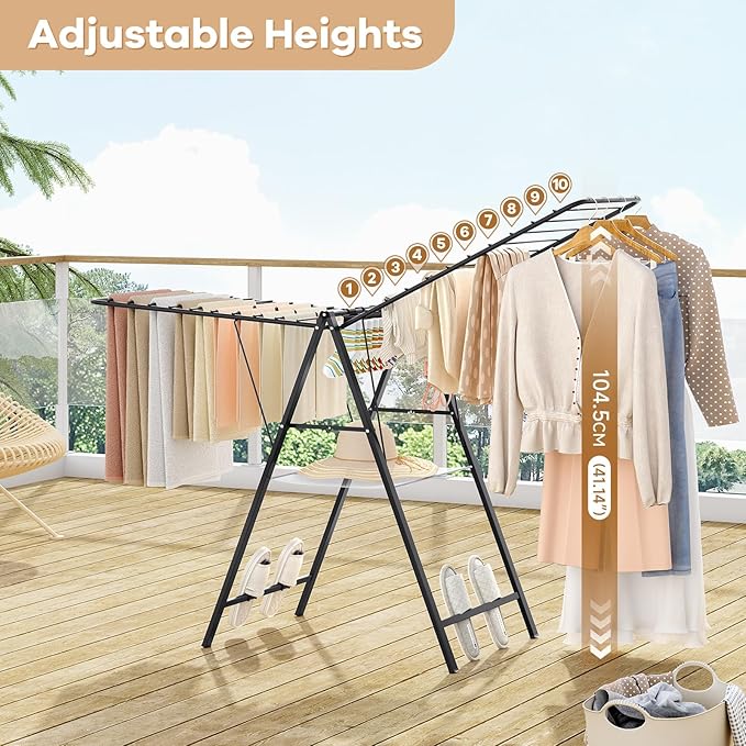 APEXCHASER Foldable Clothes Drying Rack, Metal Laundry Drying Rack Collapsible, Ultra Thin Clothes Rack for Sweater Bra Towel for Indoor & Outdoor Use, Height Adjustable Gullwing Clothes Airer, Black-CubbioJoy