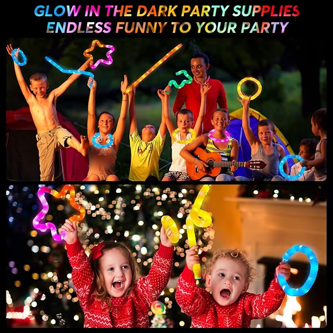 24 PCS LED Pop Tubes, Light Up Glow Tubes, Glow in the Dark Party Supplies, Sensory Toys Birthday Party Favors for Kids, Light Up Toys-CubbioJoy