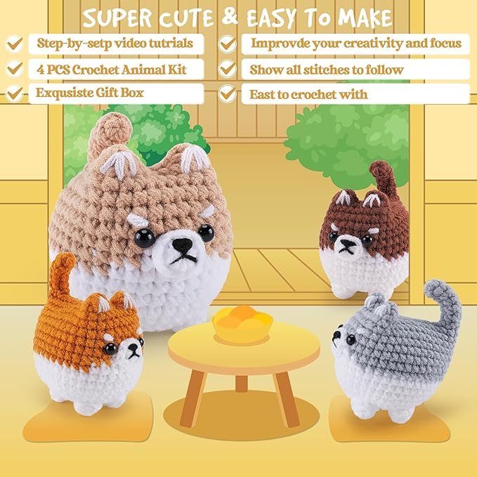 Crochet Kit for Beginners- 4 PCS Fat Shiba Inu Crochet Kits for Adults, 4PCS Corgi Dog Crochet Animal Kit with Step-by-Step Video Tutorials, Yarn, Crochet Hook, Instructions DIY Knitting Kit-CubbioJoy