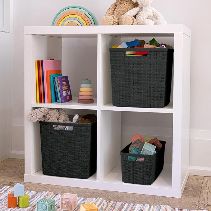 Curver Set of 8 Jute Slim Decorative Plastic Organization and Storage Baskets, Perfect Bins for Home Office, Closet Shelves, Kitchen Pantry and All Bedroom Essentials, Black-CubbioJoy