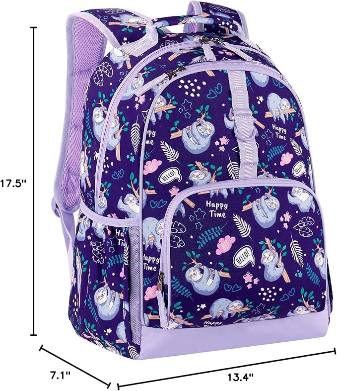 Choco Mocha Sloth Backpack for Girls, Elementary School Backpack for Girls Ages 6-8 Kids Kindergarten Backpack Bookbag 17 Inch with Chest Strap, Purple-CubbioJoy