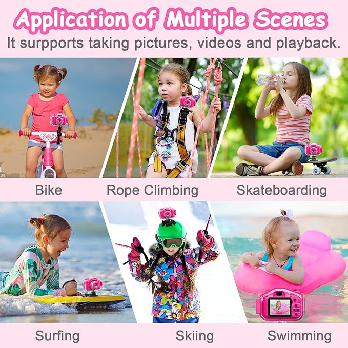 Agoigo Kids Waterproof Camera - Children Underwater HD Video Digital Camcorder, Portable Travel Toy for Toddler - Ideal Christmas Birthday Gifts for Boys Girls Age 3-12 with 32GB Card (Rose Red)-CubbioJoy