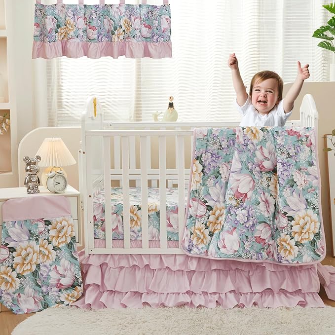 Brandream Crib Bedding Sets for Girls Garden Floral Nursery Set 3-Piece | Ruffled Baby Comforter, Crib Sheet and Tulle Lace Crib Bed Skirt, Green White-CubbioJoy