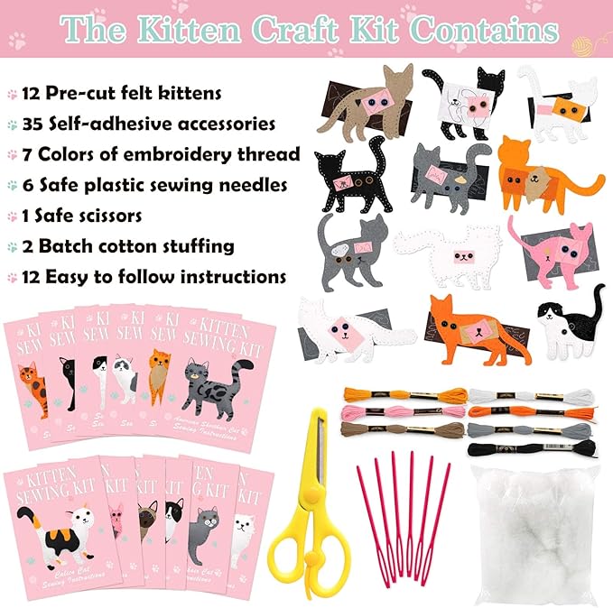 CiyvoLyeen Kitten Craft Kit Kids DIY Crafting and Sewing Set Kitty Cat Stuffed Animal Felt Plushies for Girls and Boys Educational Beginners Sewing Gift Ideas-CubbioJoy