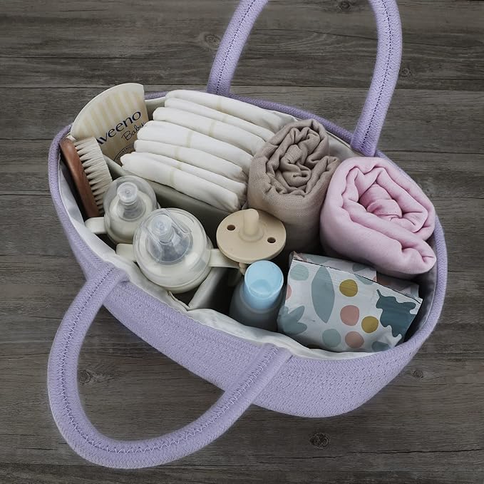 Baby Diaper Caddy Organizer Cotton Rope Nursery Storage Bin Basket Portable Holder Tote Bag for Changing Table Car Travel Baby Shower Gifts Newborn Essentials Registry Must Have Purple or Lavender-CubbioJoy