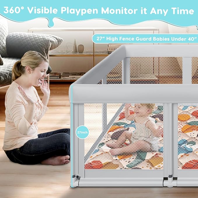 74" ×50" Large Baby Playpen, Baby Playard for Babies and Toddlers, Play Pens for Indoor & Outdoor, Sturdy Safety Play Yard with Soft Breathable Mesh, Anti-Fall, Grey (with MAT)-CubbioJoy