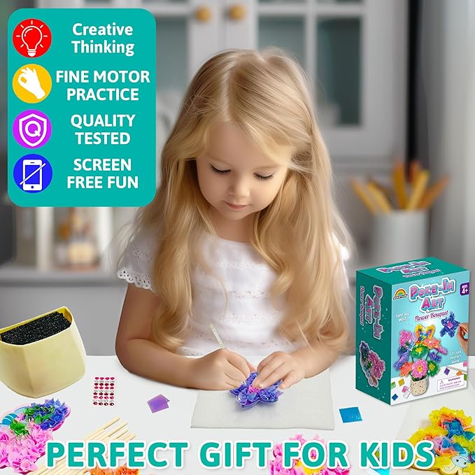 AGENTLAN Art & Craft Activity, Poke Fun Flower Bouquet Craft Kit, Fun & Easy Art Kits for Kids, DIY Garden Kids Activities, Gifts for Girls and Boys 3 4 5 6 7 8 9-CubbioJoy