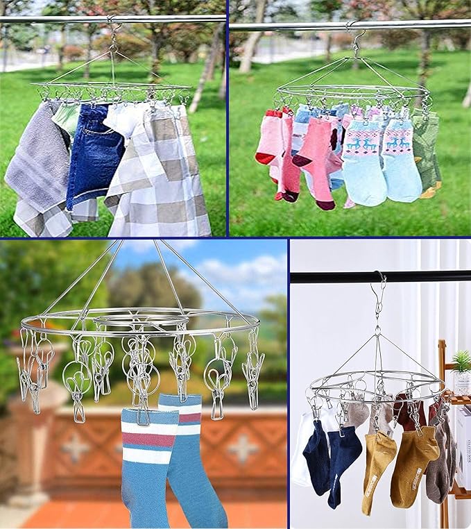 CenYouful 2 Pack Stainless Steel Round Hanging Drying Rack with 20 Clips for Drying Socks, Baby Clothes, Bras, Towel, Underwear, Hat, Scarf, Pants, Gloves-CubbioJoy