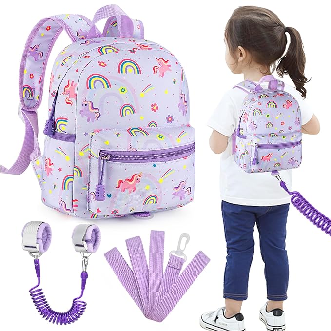 Accmor Toddler Backpack Leash, Cute Unicorn Baby Backpacks with Anti Lost Wrist Link, Mini Kids Backpack Leash Walking Harness for Outdoor Travel, Adorable Backpack Tether for Boys Girls 1-3 (Purple)-CubbioJoy