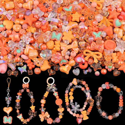 Assorted 170-230PCS Orange Acrylic Beads for Bracelet Making, Flower Bow Butterfly Candy GummyBear Aesthetic Bracelet Charms,Cute Beads for Jewelry Making DIY Necklace Keychain Phone Charm-CubbioJoy