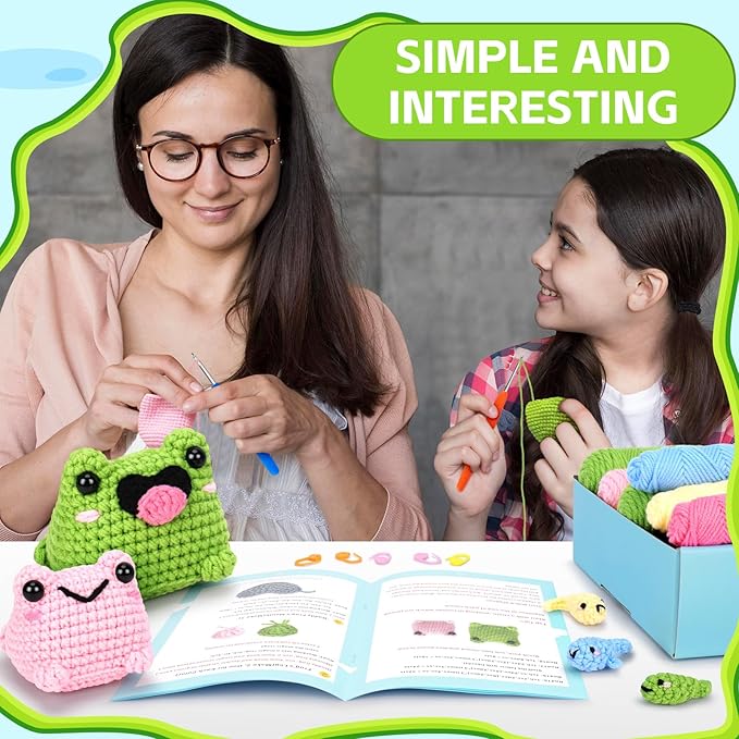 Crochet Kit for Beginners - Frog Family Crochet Kits with Step-by-Step Video Tutorials, Beginner Crochet Kit for Adults and Kids, 2 PCS Frogs and 3 PCS Tadpoles Crocheting Set-CubbioJoy