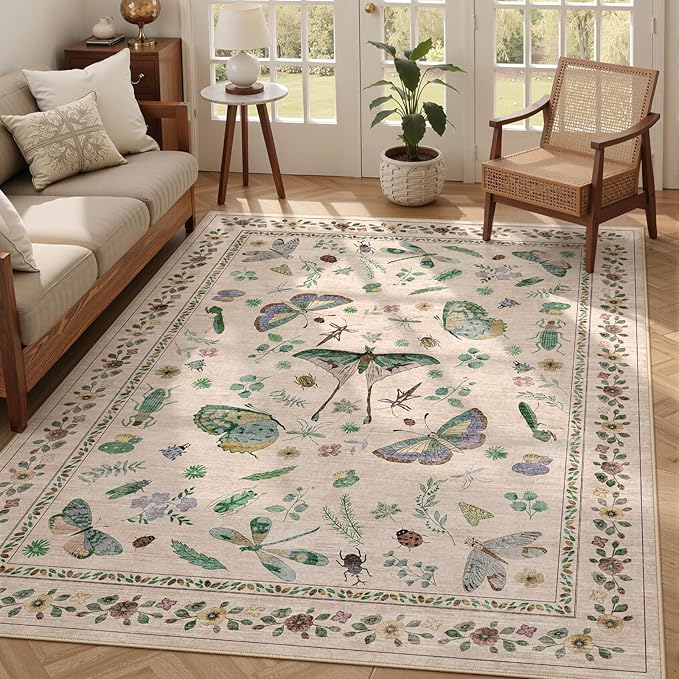 5x7 Washable Area Rug with Insect Print - Bug Rug Non-Shedding Stain Resistant Soft Carpet for Bedroom, Low Pile Ultra-Thin Machine Washable Carpet for Dining Room, Kids Nursery, Office (5'x7' Beige)-CubbioJoy