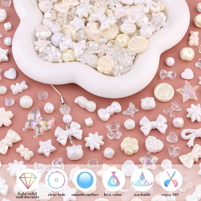 Assorted 170-230PCS White Acrylic Beads for Bracelet Making, Flower Bow Butterfly Candy GummyBear Aesthetic Bracelet Charms,Cute Beads for Jewelry Making DIY Necklace Keychain Phone Charm-CubbioJoy