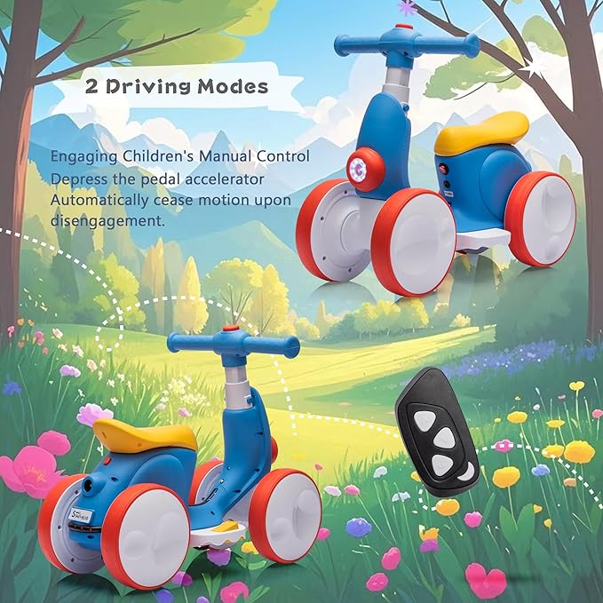 6V Electric Baby Balance Bike for 1 Year Old Boys Girls Ride on Toys 12-48 Months Toddler Balance Bike, 4 Wheels Kids First Bike with Remote Control First Birthday Gifts- Blue&Red-CubbioJoy