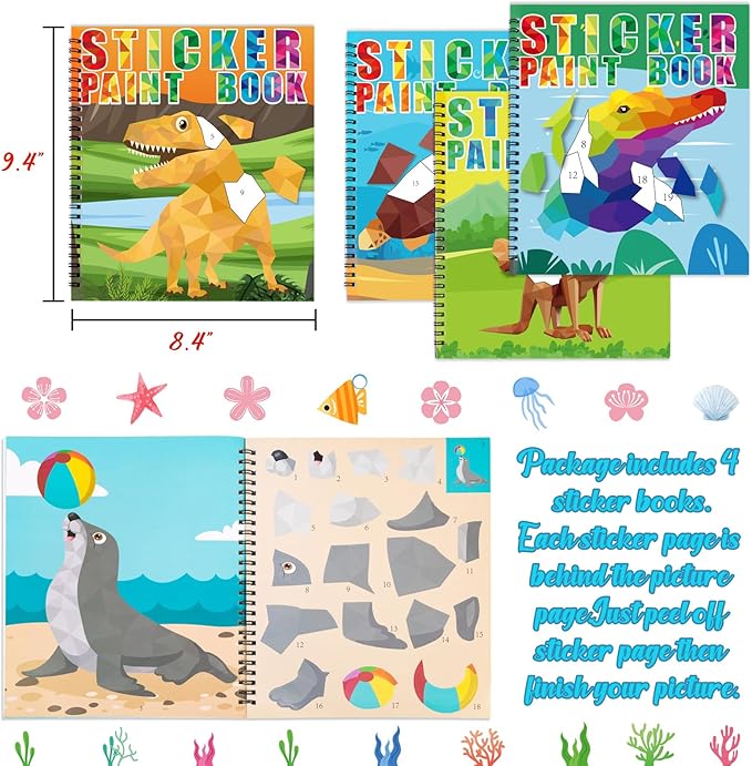 90shine 4PCS Sticker Books for Kids Ages 4-8 Includes Underwater Pet Dinosaur Rainbow Themed Multiple Designs Party Gift Create 44 Pictures-CubbioJoy