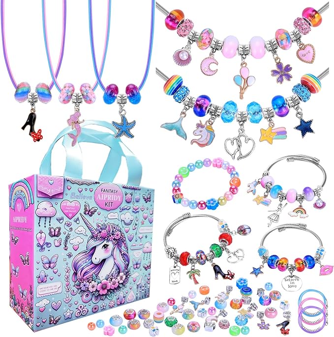 AIPRIDY 208 Pieces Charm Bracelet Making Kit,Unicorn Mermaid Crafts Gifts Set Can Inspires Imagination and Creativity,Jewelry Making Kit Perfect Gifts for Girls 5-12 Years Old (Pink+Aqua Unicorn)-CubbioJoy