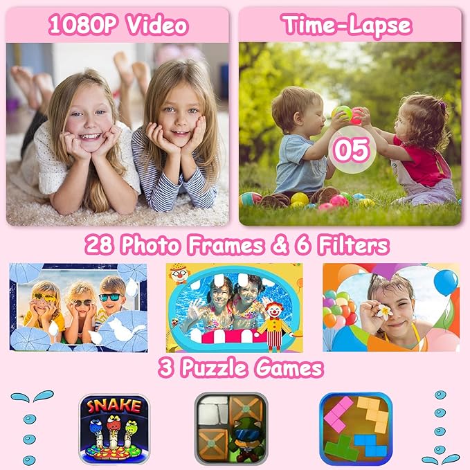 Agoigo Kids Waterproof Camera - Children Underwater HD Video Digital Camcorder, Portable Travel Toy for Toddler - Ideal Christmas Birthday Gifts for Boys Girls Age 3-12 with 32GB Card (Rose Red)-CubbioJoy